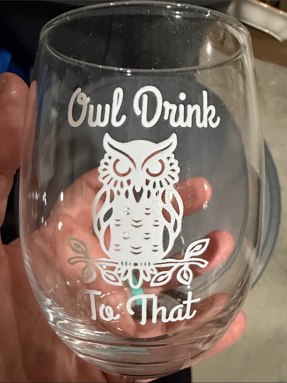 Owl Drink To That Stemless Wine Glass - Clear with White Design